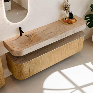 MONDIAZ THOR-DLUX Meuble de salle de bains - 180cm - arrondi gauche + droite - couleur Oak - 2 tiroirs - 2 portes - Vasque suspendue CLOUD Gauche 1 trou de robinet - couleur Arena