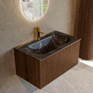 MONDIAZ KURVE-DLUX 80cm Meuble salle de bain - couleur Walnut - 1 tiroir - vasque BIG SMALL centre - 1 trou de robinet - couleur Lava