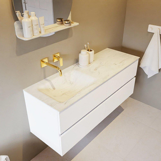 Mondiaz VICA-DLUX ensemble de meuble de salle de bain - 130cm - meuble sous lavabo talc - 4 tiroirs - lavabo encastré cloud gauche - sans trous de robinet - version haute de 60cm - opalo