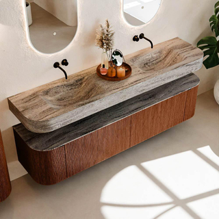 MONDIAZ THOR-DLUX 190cm meuble de salle de bains arrondi gauche + droite couleur Ruby avec 2 tiroirs et 2 portes. Vasque suspendue CLOUD Double sans trou de robinet couleur Oza.