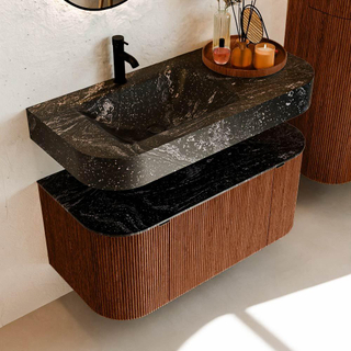 MONDIAZ THOR-DLUX Meuble de salle de bains 100cm arrondi gauche + droite couleur Ruby avec 1 tiroir et 2 portes. Vasque suspendue CLOUD Gauche 1 trou de robinet couleur Lava.