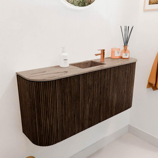 Mondiaz JOYA-DLUX 93.2cm toiletmeubel - ronding links en rechts kleur Walnut - Wastafel FAYE positie Midden 1 kraangat kleur Arena.