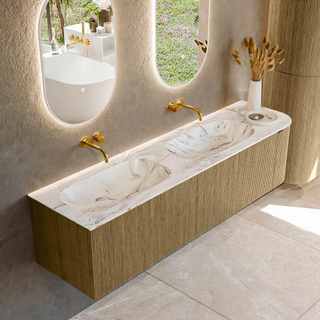 Ensemble de meuble de salle de bain Mondiaz KURVE-DLUX - 175x46x40cm - 2 tiroirs - 1 porte - lavabo en solid surface - double / gauche - sans trou de robinet - Dusk