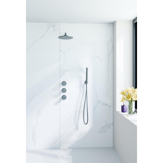 Fortifura Nebbio Ensemble de douche pluie - mitigeur encastré - élément encastré - coude mural de raccordement - flexible de douche lisse - douchette à main sur barre - bras mural 35cm - pomme de tête ronde - finition PVD gunmetal brossé