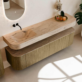 MONDIAZ THOR-DLUX 180cm meuble de salle de bains arrondi gauche + droite couleur Dusk avec 2 tiroirs et 2 portes. Vasque suspendue CLOUD gauche sans trou de robinet couleur Arena.