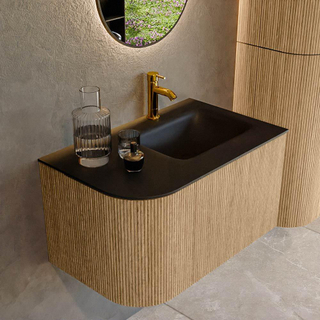 MONDIAZ KURVE 75cm Meuble salle de bain avec module 25 G - couleur Oak - 1 tiroir - 1 porte - vasque GRUNNE droite - 1 trou de robinet - Urban