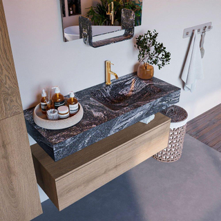 Mondiaz ALAN-DLUX Ensemble de meuble - 110cm - meuble Washed Oak mat - 1 tiroir - Lavabo Cloud Lava suspendu - vasque Droite - 1 trou de robinet