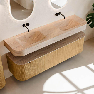 MONDIAZ THOR-DLUX 170cm badmeubel ronding links + rechts kleur Oak met 1 lade en 2 deuren. Vrijhangende wastafel CLOUD Dubbel zonder kraangat kleur Saba.