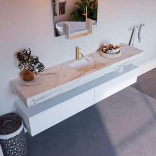 Mondiaz ALAN-DLUX Ensemble de meuble - 200cm - meuble Talc mat - 2 tiroirs - Lavabo Cloud Frappe suspendu - vasque Centre - 1 trou de robinet