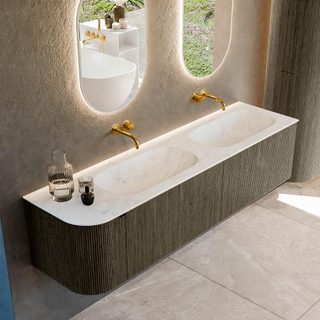 Ensemble de meuble de salle de bain Mondiaz KURVE-DLUX - 175x46x40cm - 2 tiroirs - 1 porte - lavabo en solid surface - double / droite - sans trou de robinet - Shadow