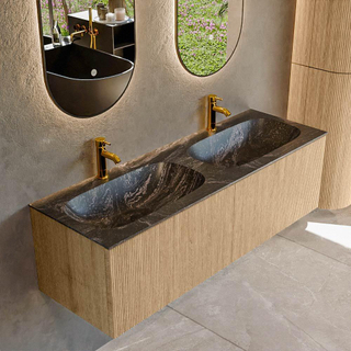 MONDIAZ KURVE-DLUX 140cm Meuble salle de bain - couleur Oak - 2 tiroirs - vasque STOR SMALL double - 2 trous de robinet - couleur Lava