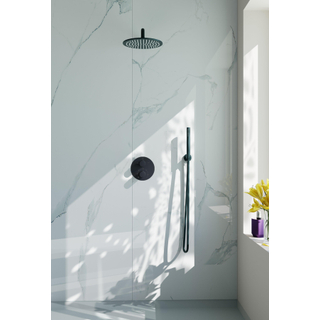 Fortifura Calvi Ensemble de douche pluie encastré - rond - thermostatique - bras mural - douche principale de 25 cm - flexible en métal - douchette à main - noir mat
