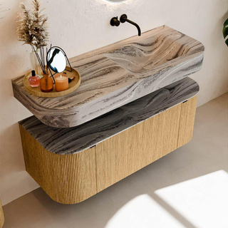 MONDIAZ THOR-DLUX 120cm badmeubel ronding links + rechts kleur Oak met 1 lade en 2 deuren. Vrijhangende wastafel CLOUD Rechts zonder kraangat kleur Sombra.