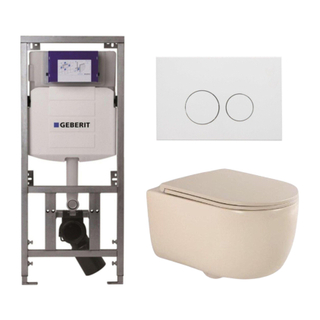 QeramiQ Dely Swirl Toiletset - 36.3x51.7cm - Geberit UP320 Burda inbouwreservoir - slim zitting - mat witte metalen bedieningsplaat - ronde knoppen - beige