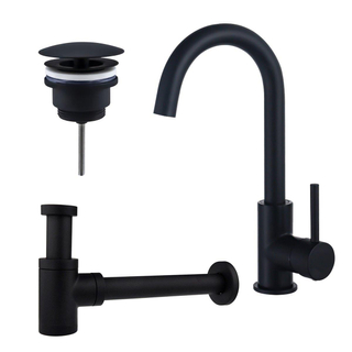 FortiFura Calvi Kit robinet lavabo - robinet haut - bec rotatif - bonde non-obturable - siphon design bas - Noir mat
