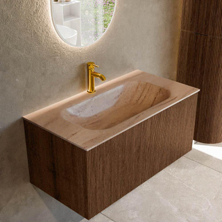 MONDIAZ KURVE-DLUX 90cm badmeubel kleur Walnut met 1 lade en 0 deuren. Wastafel BIG SMALL Midden 1 kraangat Saba.