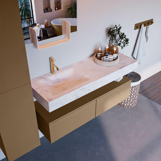 Mondiaz ALAN-DLUX Ensemble de meuble - 130cm - meuble - Oro mat - 2 tiroirs - Lavabo Cloud Ostra suspendu - vasque gauche - 1 trou de robinet - Beige