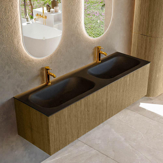 Mondiaz KURVE Ensemble de meuble salle de bain - 150x46x40cm - 2 tiroirs - lavabo en solid surface - double - 2 trous de robinet - Dusk