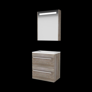 Basic-Line Premium 39 ensemble de meubles de salle de bain 60x39cm avec poignées 2 tiroirs lavabo acrylique 0 trous de robinetterie armoire de toilette éclairage led intégré mfc scotch oak