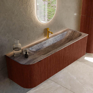 MONDIAZ KURVE-DLUX 145cm badmeubel ronding Links kleur Ruby met 1 lade en 1 deur. Wastafel BIG LARGE Rechts 1 kraangat Oza.