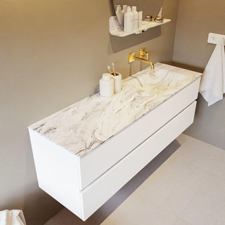 Mondiaz VICA-DLUX ensemble de meuble de salle de bain - 150cm - meuble sous-vasque talc - 2 tiroirs - lavabo encastré cloud droite - sans trous de robinet - version haute de 60cm - glace