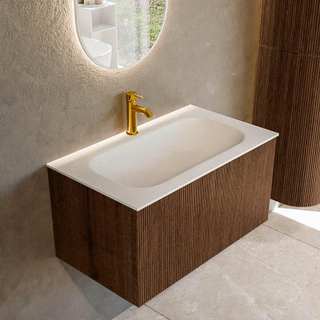 MONDIAZ KURVE 80cm badmeubel kleur Walnut met 1 lade. Wastafel BIG SMALL midden 1 kraangat Talc.