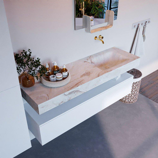 Mondiaz ALAN-DLUX Ensemble de meuble - 150cm - meuble Talc mat - 1 tiroir - Lavabo Cloud Frappe suspendu - vasque Droite - 0 trous de robinet