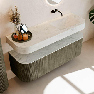 MONDIAZ THOR-DLUX 140cm meuble de salle de bains arrondi gauche + droite couleur Shadow avec 1 tiroir et 2 portes. Vasque suspendue CLOUD Droite sans trou de robinet couleur Opalo.