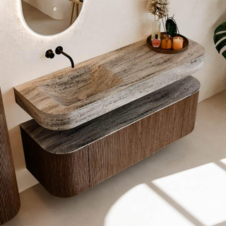 MONDIAZ THOR-DLUX 140cm badmeubel ronding links + rechts kleur Walnut met 1 lade en 2 deuren. Vrijhangende wastafel CLOUD Links zonder kraangat kleur Oza.