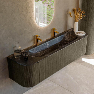 Mondiaz KURVE-DLUX Badkamermeubelset - 170x46x40cm - 1 lade - 2 deuren - wastafel solid surface - midden - 2 kraangaten - Shadow