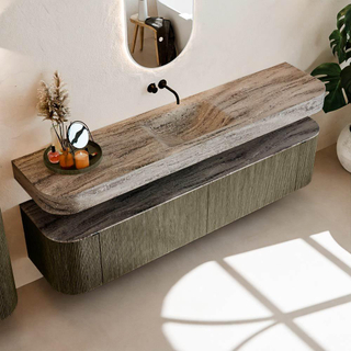 MONDIAZ THOR-DLUX 200cm meuble de salle de bains arrondi gauche + droite couleur Shadow avec 2 tiroirs et 2 portes. Vasque suspendue CLOUD Milieu sans trou de robinet couleur Oza.