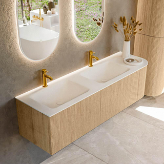 MONDIAZ KURVE 155cm Meuble salle de bain avec module 25 D - couleur Oak - 2 tiroirs - 1 porte - vasque CLOUD double / gauche - 2 trous de robinet - Talc