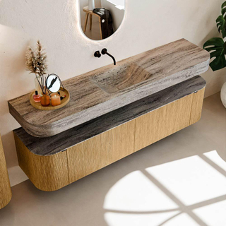 MONDIAZ THOR-DLUX Meuble de salle de bains - 190cm - arrondi gauche + droite - couleur Oak - 2 tiroirs et 2 portes - Vasque suspendue CLOUD Milieu sans trou de robinet - couleur Oza