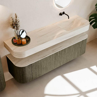 MONDIAZ THOR-DLUX 170cm meuble de salle de bains arrondi gauche + droite couleur Shadow avec 1 tiroir et 2 portes. Vasque suspendue CLOUD droite sans trou de robinet couleur Meli.