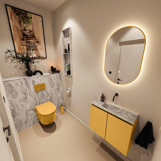 MONDIAZ TURE-DLUX Meuble toilette - 60cm - Ocher - EDEN - vasque Glace - position centrale - sans trou de robinet