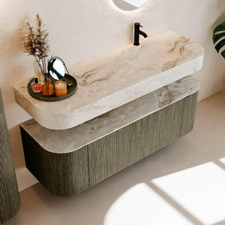 MONDIAZ THOR-DLUX 140cm meuble de salle de bains arrondi gauche + droite couleur Shadow avec 1 tiroir et 2 portes. Vasque suspendue CLOUD Droite 1 trou de robinet couleur Frappe.