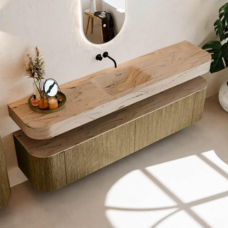 MONDIAZ THOR-DLUX 200cm meuble de salle de bains arrondi gauche + droite couleur Dusk avec 2 tiroirs et 2 portes. Vasque suspendue CLOUD Milieu sans trou de robinet couleur Arena.