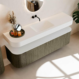 MONDIAZ THOR Meuble de salle de bains 170cm arrondi gauche + droite couleur Shadow avec 1 tiroir et 2 portes. Vasque suspendue CLOUD Milieu sans trou de robinet couleur Talc.