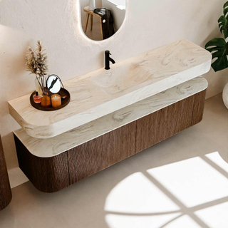 MONDIAZ THOR-DLUX Meuble de salle de bains 190cm arrondi gauche + droite couleur Walnut avec 2 tiroirs et 2 portes. Vasque suspendue CLOUD Milieu 1 trou de robinet couleur Ostra.