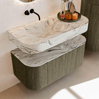 MONDIAZ THOR-DLUX 100cm meuble de salle de bains arrondi gauche + droite couleur Shadow avec 1 tiroir et 2 portes. Vasque suspendue CLOUD gauche sans trou de robinet couleur Glace.