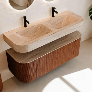 MONDIAZ THOR-DLUX Meuble de salle de bains 130cm arrondi gauche + droite couleur Ruby avec 1 tiroir et 2 portes. Vasque suspendue CLOUD Double 2 trous de robinet couleur Saba.