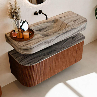 MONDIAZ THOR-DLUX 120cm meuble de salle de bains arrondi gauche + droite couleur Ruby avec 1 tiroir et 2 portes. Vasque suspendue CLOUD Milieu sans trou de robinet couleur Sombra.