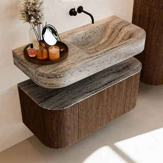 MONDIAZ THOR-DLUX Meuble de salle de bains - 100cm - arrondi gauche + droite - couleur Walnut - 1 tiroir et 2 portes - Vasque suspendue CLOUD Droite sans trou de robinet - couleur Oza