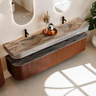 MONDIAZ THOR-DLUX 200cm meuble de salle de bains arrondi gauche + droite couleur Ruby avec 2 tiroirs et 2 portes. Vasque suspendue CLOUD Double 2 trous de robinet couleur Sombra.