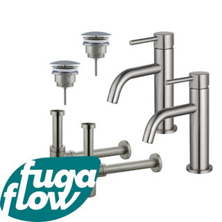 FugaFlow Eccelente Sobrado Badkamer Slim Wastafelkraanset - voor dubbele wastafel - lage wastafelkraan - always open plug - design sifon - PVD Geborsteld RVS