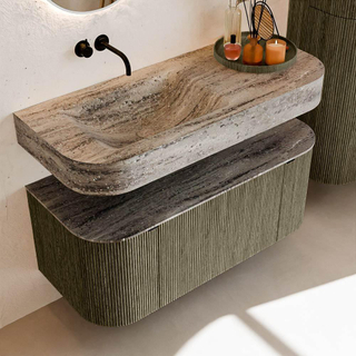 MONDIAZ THOR-DLUX 110cm meuble de salle de bains arrondi gauche + droite couleur Shadow avec 1 tiroir et 2 portes. Vasque suspendue CLOUD Gauche sans trou de robinet couleur Oza.