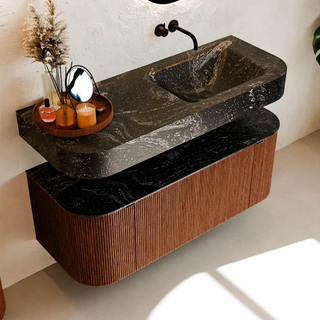 MONDIAZ THOR-DLUX 120cm meuble de salle de bains arrondi gauche + droite couleur Ruby avec 1 tiroir et 2 portes. Vasque suspendue CLOUD Droite sans trou de robinet couleur Lava.