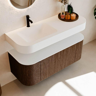 MONDIAZ THOR 120cm meuble de salle de bains arrondi gauche + droite couleur Walnut avec 1 tiroir et 2 portes. Vasque suspendue CLOUD gauche 1 trou de robinet couleur Talc.
