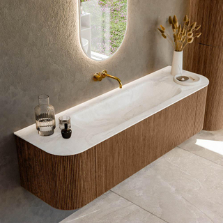 MONDIAZ KURVE-DLUX 160cm Meuble salle de bain avec module 25 G et D - couleur Walnut - 1 tiroir - 2 portes - vasque BIG MEDIUM centre - sans trou de robinet - couleur Ostra