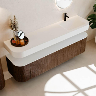 MONDIAZ THOR 180cm meuble de salle de bains arrondi gauche + droite couleur Walnut avec 2 tiroirs et 2 portes. Vasque suspendue CLOUD Droite 1 trou de robinet couleur Talc.